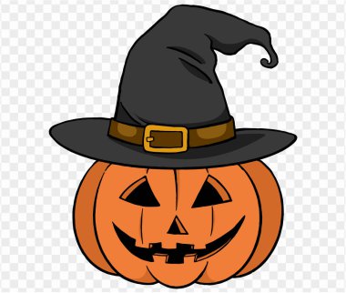 Smile pumpkin wears witches hat in hand drawing brush style, isolated on transparent PNG. Perfect for halloween party backgrounds. Vector clipart