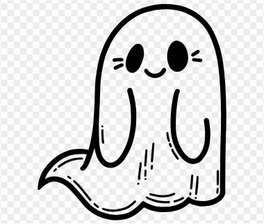 Şeffaf PNG arka planında elle çizilmiş sevimli ve korkunç bir hayalet. Cadılar Bayramı siluetleri için element. Vektör illüstrasyonu.