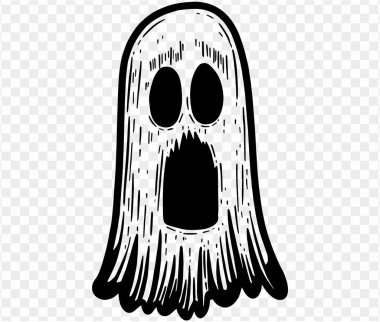 Şeffaf PNG arka planında elle çizilmiş sevimli ve korkunç bir hayalet. Cadılar Bayramı siluetleri için element. Vektör illüstrasyonu.