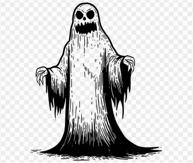 Şeffaf PNG arka planında elle çizilmiş sevimli ve korkunç bir hayalet. Cadılar Bayramı siluetleri için element. Vektör illüstrasyonu.