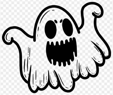 Şeffaf PNG arka planında elle çizilmiş sevimli ve korkunç bir hayalet. Cadılar Bayramı siluetleri için element. Vektör illüstrasyonu.