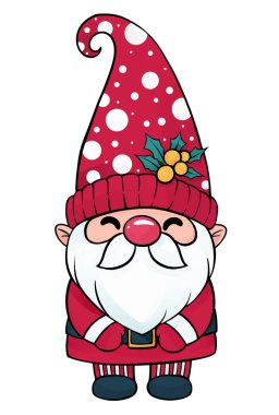 Noel kostümlü şirin cüce Noel Baba beyaz arkaplan vektör illüstrasyonunda izole edildi