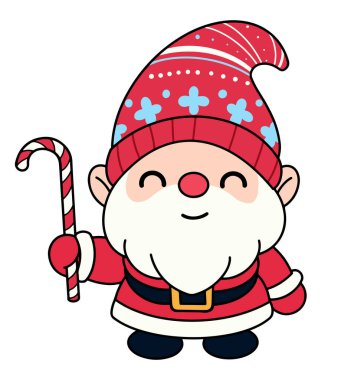 Noel kostümlü şirin cüce Noel Baba şeker kamışını beyaz arkaplan çiziminde izole ediyor.