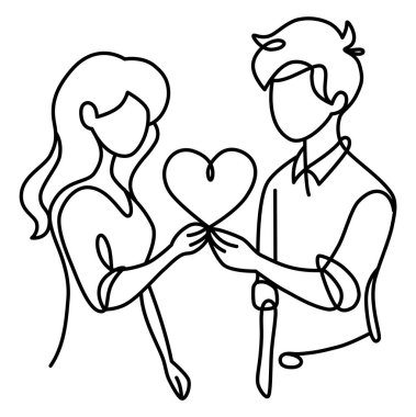 Erkek ve kadın çift, Sevgililer Günü için tek bir çizgi halinde kalpleri tutarlar. Vektör çizimi..