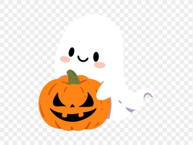 Mutlu şirin gülümseme hayalet kucaklaşması kabağı ya da şeffaf arka plan. Cadılar Bayramı parti afişi. vektör