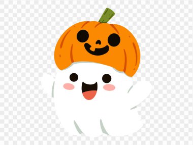 Mutlu şirin hayaletler Cadılar Bayramı balkabağı kaskı giyer. Png ya da şeffaf arka plan, Cadılar Bayramı parti afişi, mesaj için boş alan, poster için element şablonu, broşürler. vektör