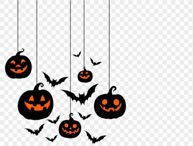 Cadılar Bayramı, şeffaf bir arka planda yarasalarla balkabakları asıyor. Ürkütücü dekorasyonlar, parti davetiyeleri ve Cadılar Bayramı temalı tasarımlar için ideal..