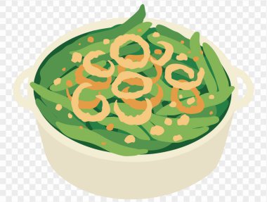 Şeffaf arkaplanda kızarmış soğanla kaplı taze fasulye güveci. Mükemmel bir Şükran Günü yemeği. çevirmen