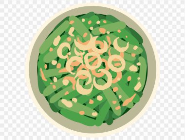 Şeffaf arkaplanda kızarmış soğanla kaplı taze fasulye güveci. Mükemmel bir Şükran Günü yemeği. çevirmen