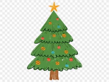 Hand drawn Christmas tree with chalk style decorations and childlike lines on  transparent background, perfect for festive designs. vector clipart