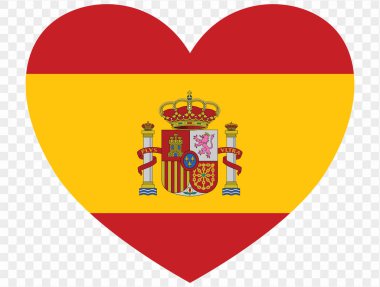 İspanya bayrağını taşıyan, şeffaf bir PNG arka planında izole edilmiş kalp şeklinde bir ikon. Dijital projeler, logolar ve sunumlar için mükemmel, sembolik kırmızı ve sarı bayrak