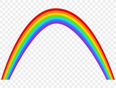 Şeffaf bir arkaplanda kırmızı, turuncu, sarı, yeşil, mavi, çivit ve mor renkli gökkuşağı yayı. Grafik tasarımı, web siteleri, yazdırma materyalleri, reklamlar için mükemmel.