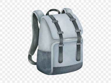 Suluboya mavi sırt çantası seyahati yaz aksesuarları izole edilmiş Clipart grafikleri. Vektör.