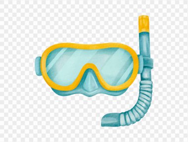 Suluboya şnorkelli maske mavi sarı yaz plaj aktivitesi aksesuarı izole edildi. Vektör.
