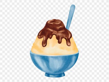 Çikolata şurubu ve kaşıkla kaplı buzlu buzlu bir kasenin suluboya çizimi, yaz ziyafeti kavramları için mükemmel. Vektör.