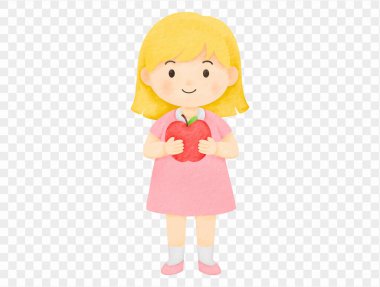 Kırmızı elmayı hediye olarak tutan kız öğrencinin suluboya resmi. Vektör.