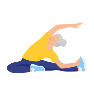 Yaşlı bir bayan esneme, zindelik, yoga ve egzersiz yapıyor. Vektör düz resimleme