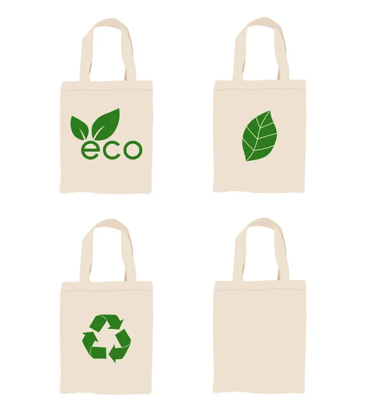 一套织物可重复使用的米黄色环保袋 在白色或透明的背景上有不同的符号 没有浪费 没有塑料 环境保护 对地球的照顾 — 图库矢量图片