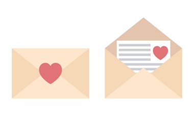 Aşk mektupları, açık ve kapalı zarflar ve düz bir kalp.