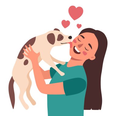 Pet Love. Dog licking girl's face, flat vector illustration