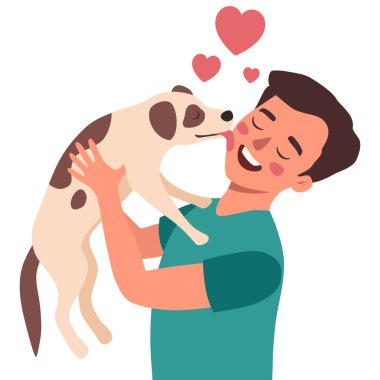 Pet Love. Dog licking man's face, flat vector illustration