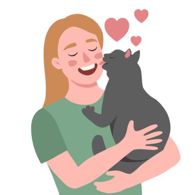 The girl is holding a cat, the cat licks the girl's face. Pet love. Flat vector illustration