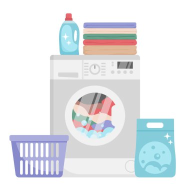 Çamaşır makinesinde çamaşır yıkama işlemi. Çamaşır Vektörü Elementleri: Deterjan, Temiz Havlular Yığını, Çamaşır Sepeti