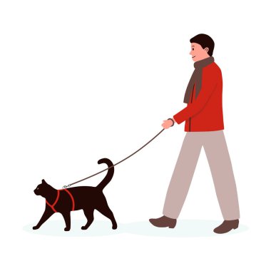 Man walking a cat on a leash, vector illustration in flat style