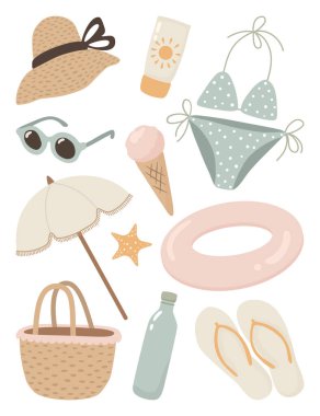 Düz stil beach nesneleri kümesi