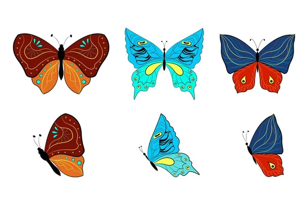 Набір Кольорових Метеликів Літніх Комах Векторні Ілюстрації Плоский Стиль — стоковий вектор