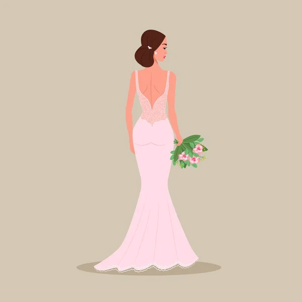 彼女の手に花束を持つ夜のドレスで花嫁 平面漫画風のベクトルイラスト — ストックベクタ