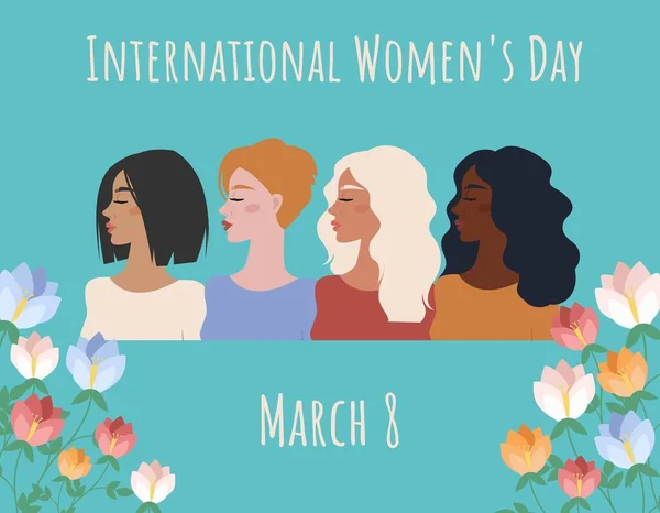 国际妇女日的明信片 不同国籍的妇女在花朵中 矢量说明 — 图库矢量图片