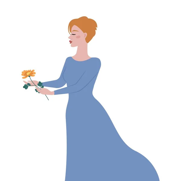 手に花のあるロングドレスの女性 ベクトルイラスト — ストックベクタ