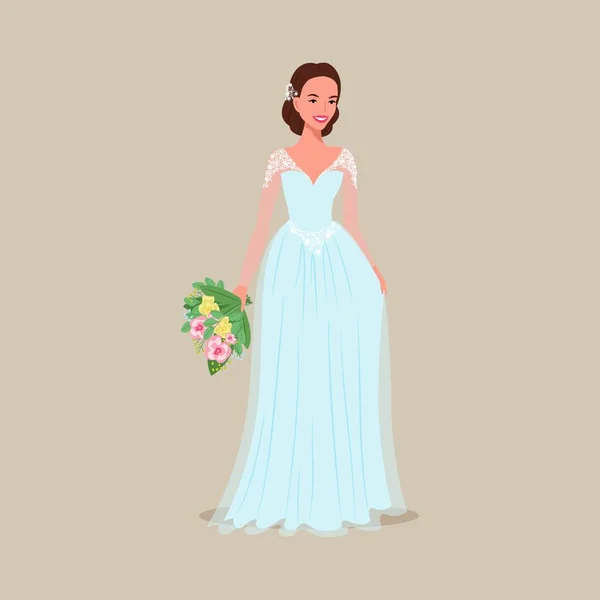 Braut Abendkleid Mit Einem Strauß Der Hand Vektorillustration Flachen Cartoon — Stockvektor