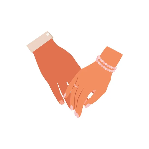 手を取り合い 女性と男性の手をつなぎ合わせ ベクトルイラストをフラットスタイルでホワイト分離 — ストックベクタ