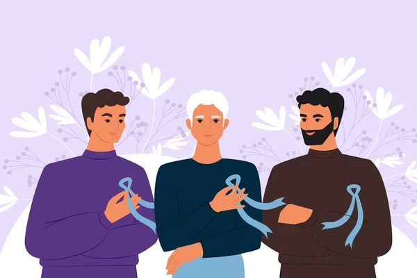Gruppe Junger Männer Mit Blauen Bändern Symbol Für Den Monat — Stockvektor