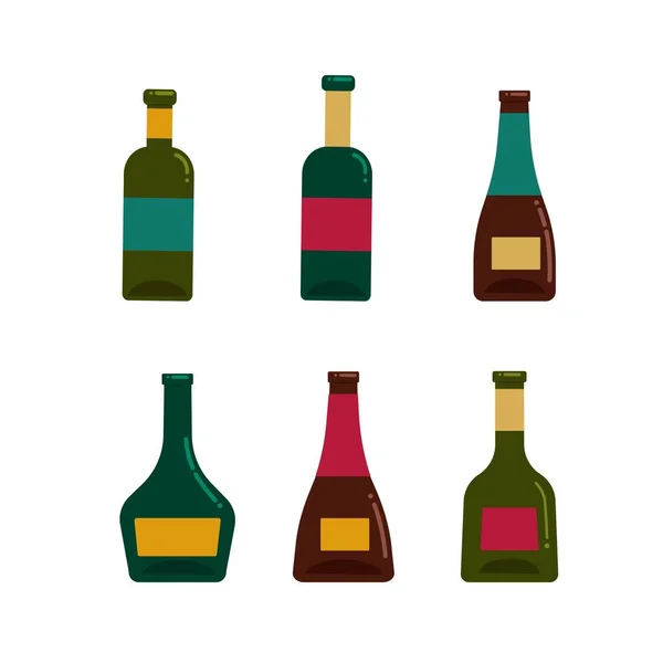 Farklı Şekil Renklerde Cam Şarap Şişeleri Düz Bir Şekilde Vektör — Stok Vektör