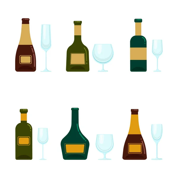 一套装有酒精和各种杯子的瓶子 向量对象为平面样式 孤立的 酒精饮料和水晶眼镜 — 图库矢量图片