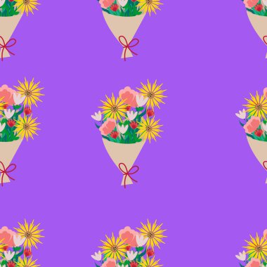 Farklı desenli farklı çiçeklerden bir buket. Düz biçimli vektör bej çiçek deseni.