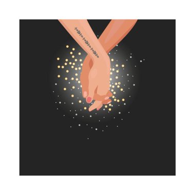 Hand in hand, Male hand holding female, romantic illustration on black background with backlight. Vector graphic print