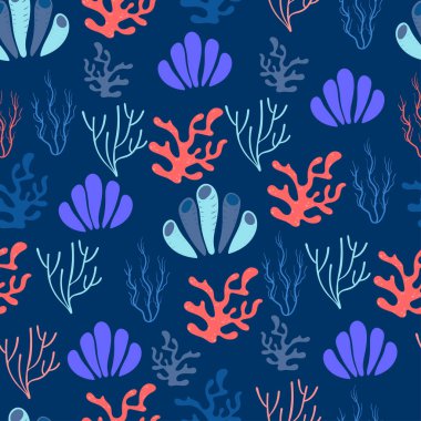Coral algae sea plants seamless pattern. Vector nautical print. Abstract oceanic background