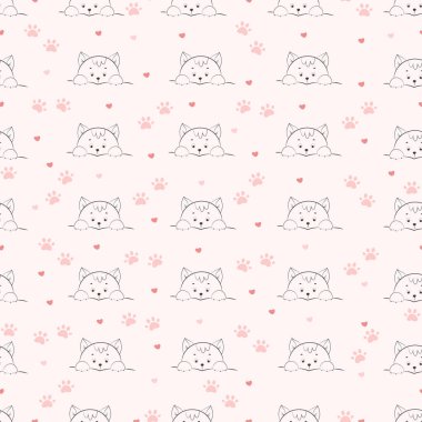 Cute kitten in line art style seamless pattern, Kitten face and front paws.