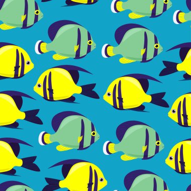 Exotic bright fish seamless pattern. Vector sea fish in flat style. Marine life.