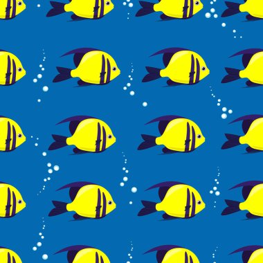 Exotic bright yellow fish seamless pattern. Vector sea fish in flat style. Marine life.