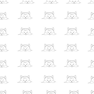 Cute kitten in line art style seamless pattern, Kitten face and front paws.