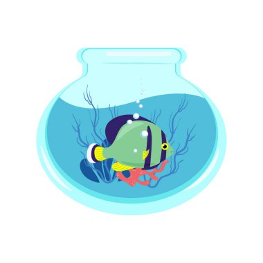Brightly colorful fish in an aquarium with corals and algae, vector illustration of an aquarium in a flat style. Print for clothes.