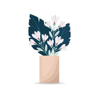 A bouquet of blooming lilies and large decorative leaves in a vase. A bouquet of flowers in a vase. Vector illustration in flat style, boho