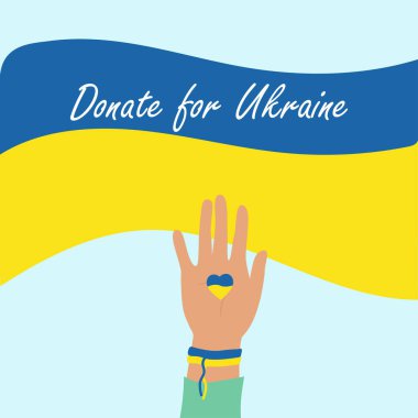 Donate for Ukraine, Palm raised up. A symbolic bracelet on the wrist. A call to help Ukraine.