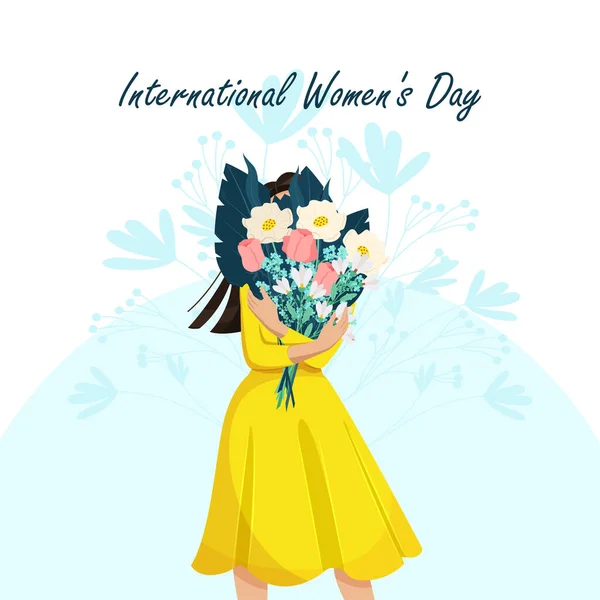 Young Woman Holding Beautiful Bouquet Flowers International Women Day Vector - Stok Vektor