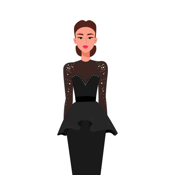 Lady Black Evening Dress Bun Hairstyle Modern Stylish Woman Vector — Stock Vector